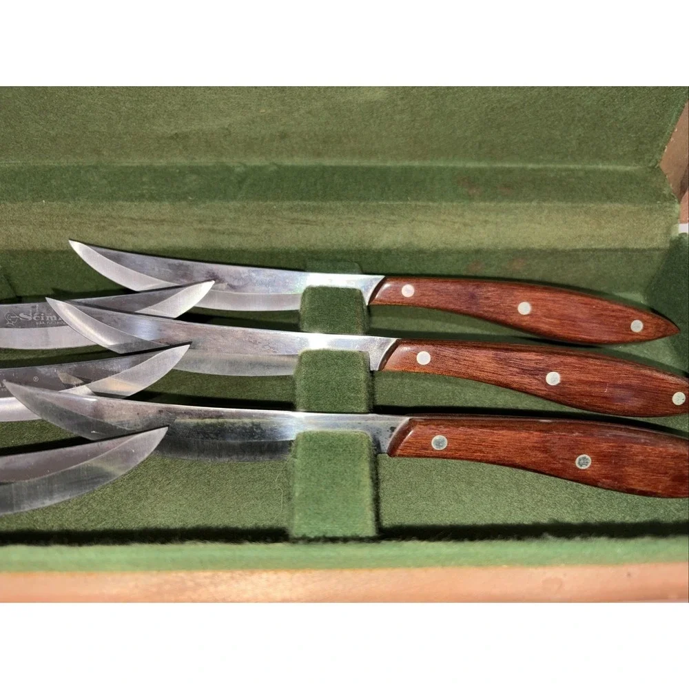 Vintage Set 6 Knifes w/ Wooden Handles & Stainless Blades Scimitar l